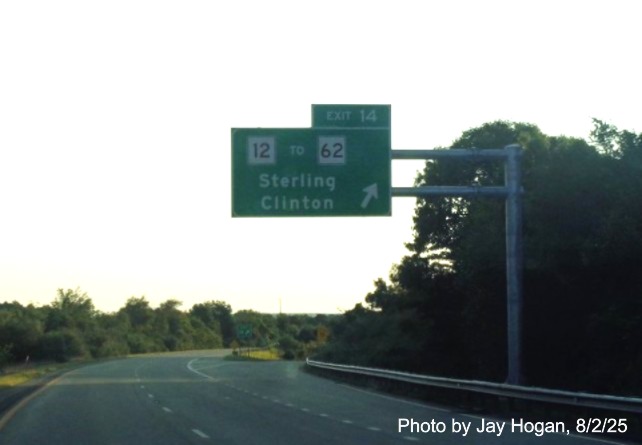 Image of new overhead ramp sign for the last MA 12 exit on I-190 North 
		in Sterling, by Jay Hogan, August 2025