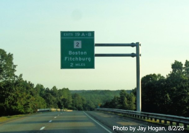 Image of new 2 Miles advance overhead sign for the MA 2 exit on I-190 North 
		in Leominster, by Jay Hogan, August 2025