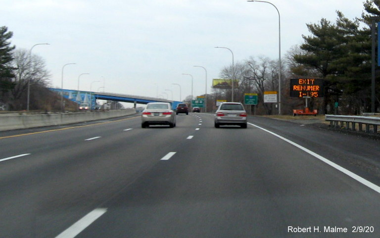 Image of variable message sign indicating start of exit renumbering project on I-195 West just across Massachusetts border