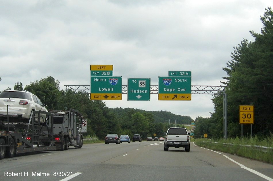 Image of overhead ramp signage for I-495 and Hudson Connector exits with new I-395 milepost based exit numbers on 
                                        I-290 in Marlborough, August 2021