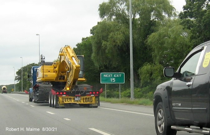 Image of Next Exit sign with new I-395 milepost number placed in it on I-290 East in Auburn, August 2021