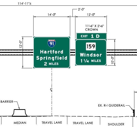 Sign plan image of new milepost based exit number advance overhead signs for I-91 and CT 159 exits on I-291 West, CTDOT, February 2024