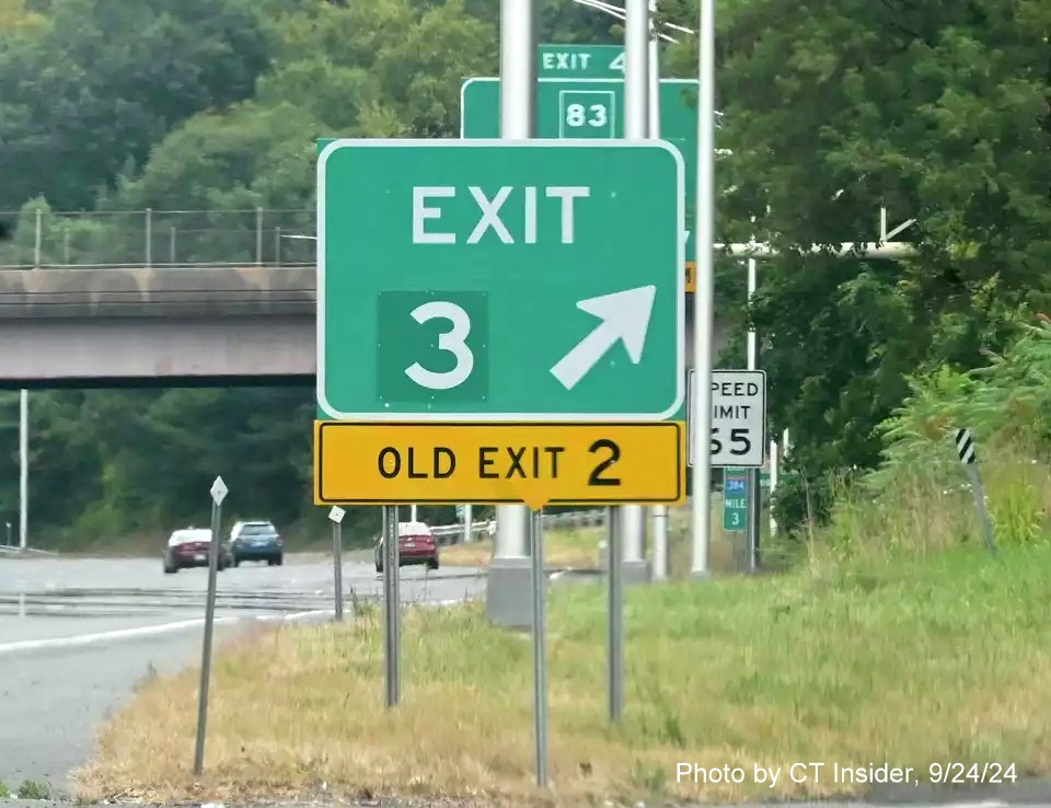 Image of gore sign for Keeney Street exit with new milepost based exit number and yellow Old Exit 2 sign attached below, from CTInfo article, September 2024