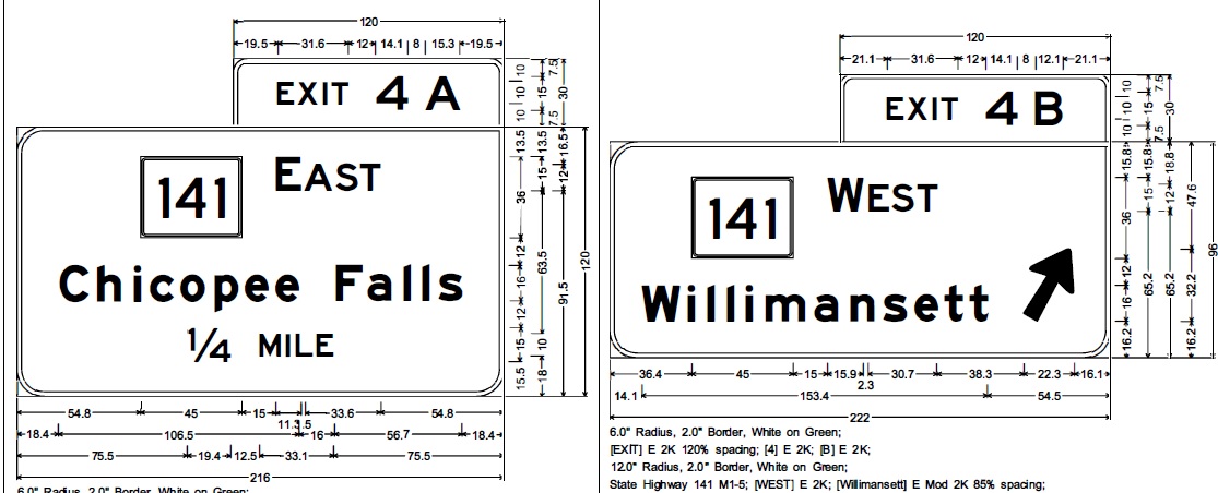 MassDOT sign plan for exit signs for MA 141 exits on I-391 South in Chicopee