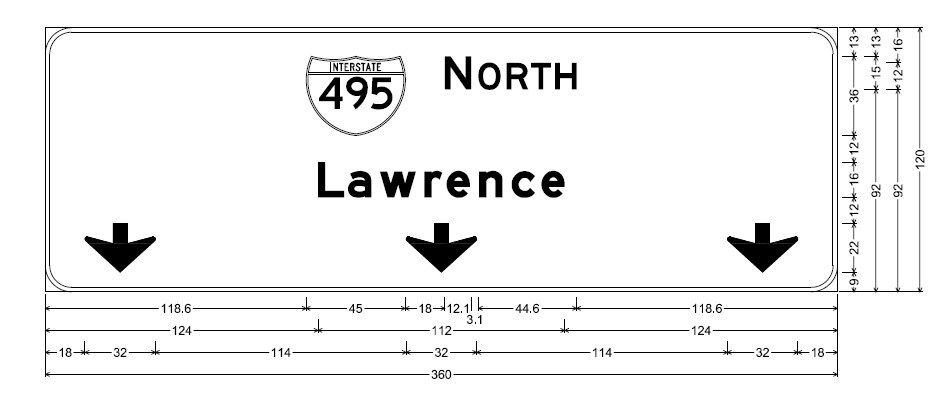 MassDOT plan for overhead pull through sign on I-495 North at US 3/Lowell Connector exit in Chelmsford