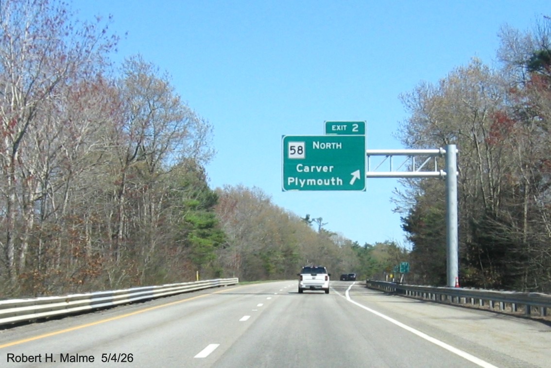 Image of new 1 mile advance overhead sign for MA 58 exit on I-495 South in Wareham, 
	Google Maps Street View, May 2026