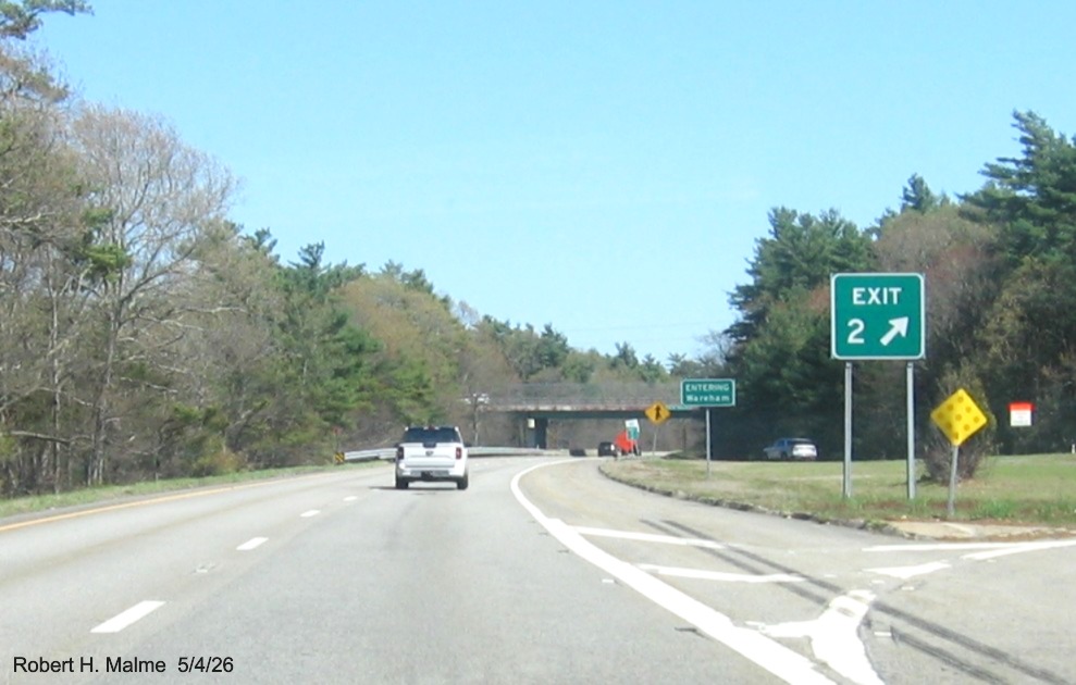 Image of new gore sign for MA 58 exit on I-495 South in Wareham, Google Maps Street View, 
	May 2026