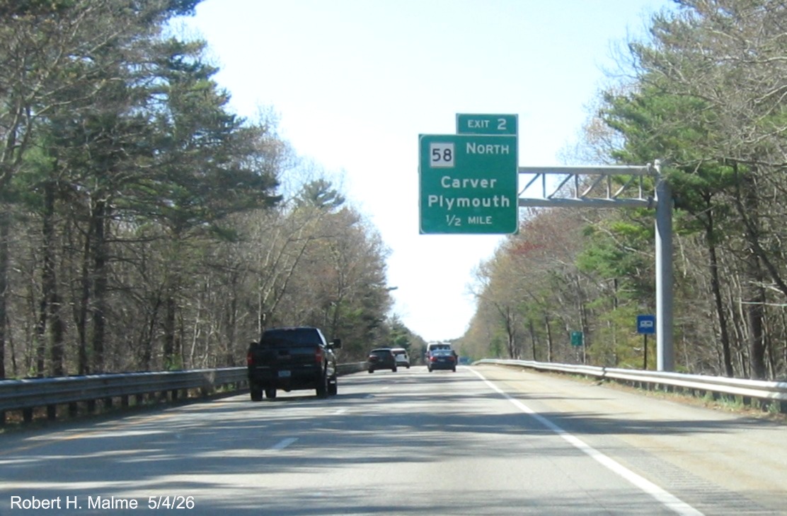 Image of new 1/2 mile advance overhead sign for MA 58 exit on I-495 North in Wareham, 
	Google Maps Street View, May 2026