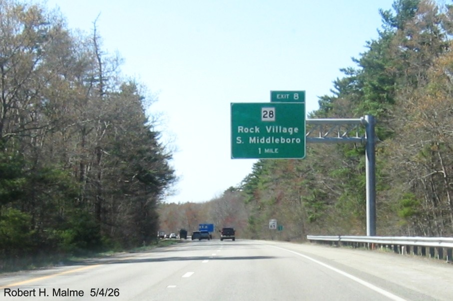Image of new 1 mile advance overhead sign for MA 28 exit on I-495 North in South Midddleboro, 
	Google Maps Street View, May 2026