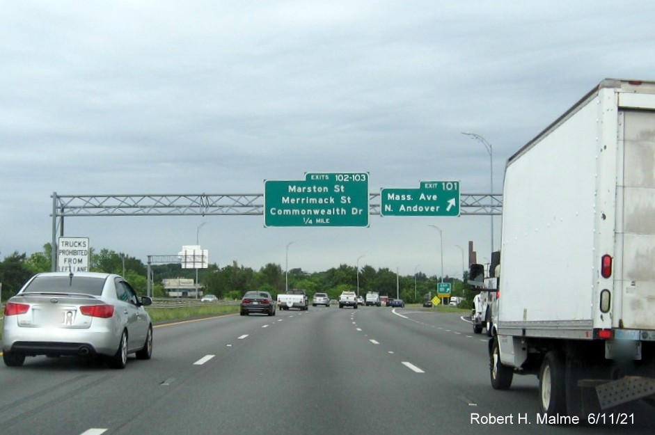 Image of overhead ramp sign for Massachusetts Avenue exit with new milepost based exit number on I-495 North in Andover, June 2021