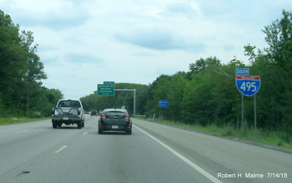 Image of recently installed South I-495 reassurance marker beyond US 20 exit in Marlboro in July 2018