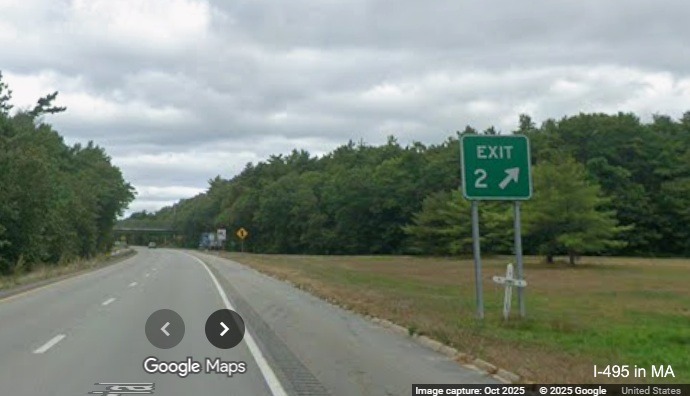 Image of new gore sign for MA 58 exit on I-495 North in Wareham, Google Maps Street View, 
	October 2025