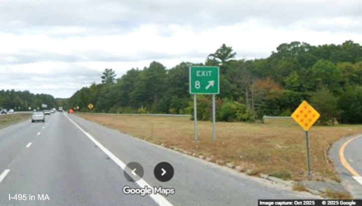 Image of new gore sign for MA 28 exit on I-495 North in Middleboro, Google Maps Street View, 
	October 2025