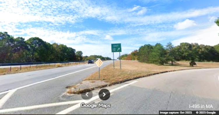 Image of new gore sign for MA 105 exit on I-495 North in Middleboro, Google Maps Street View, 
	October 2025