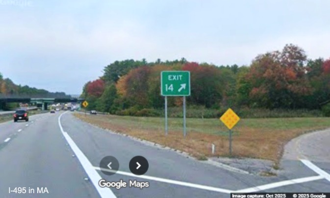 Image of new gore sign for US 44 East/MA 18 exit on I-495 North in Lakeville, Google 
	Maps Street View, October 2025