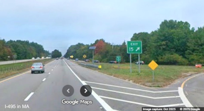 Image of new gore sign for US 44 West exit on I-495 North in Lakeville, Google 
	Maps Street View, October 2025