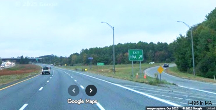 Image of new gore sign for MA 24 North exit on I-495 North in Bridgewater, Google 
	Maps Street View, October 2025
