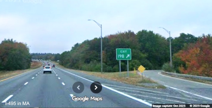 Image of new gore sign for MA 24 South exit on I-495 North in Bridgewater, Google 
	Maps Street View, October 2025