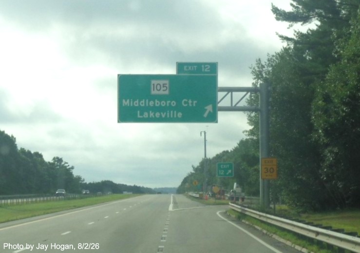 Image of new overhead ramp signage for the US 44 exit on I-495 South in Middleboro, 
	by Jay Hogan, August 2026