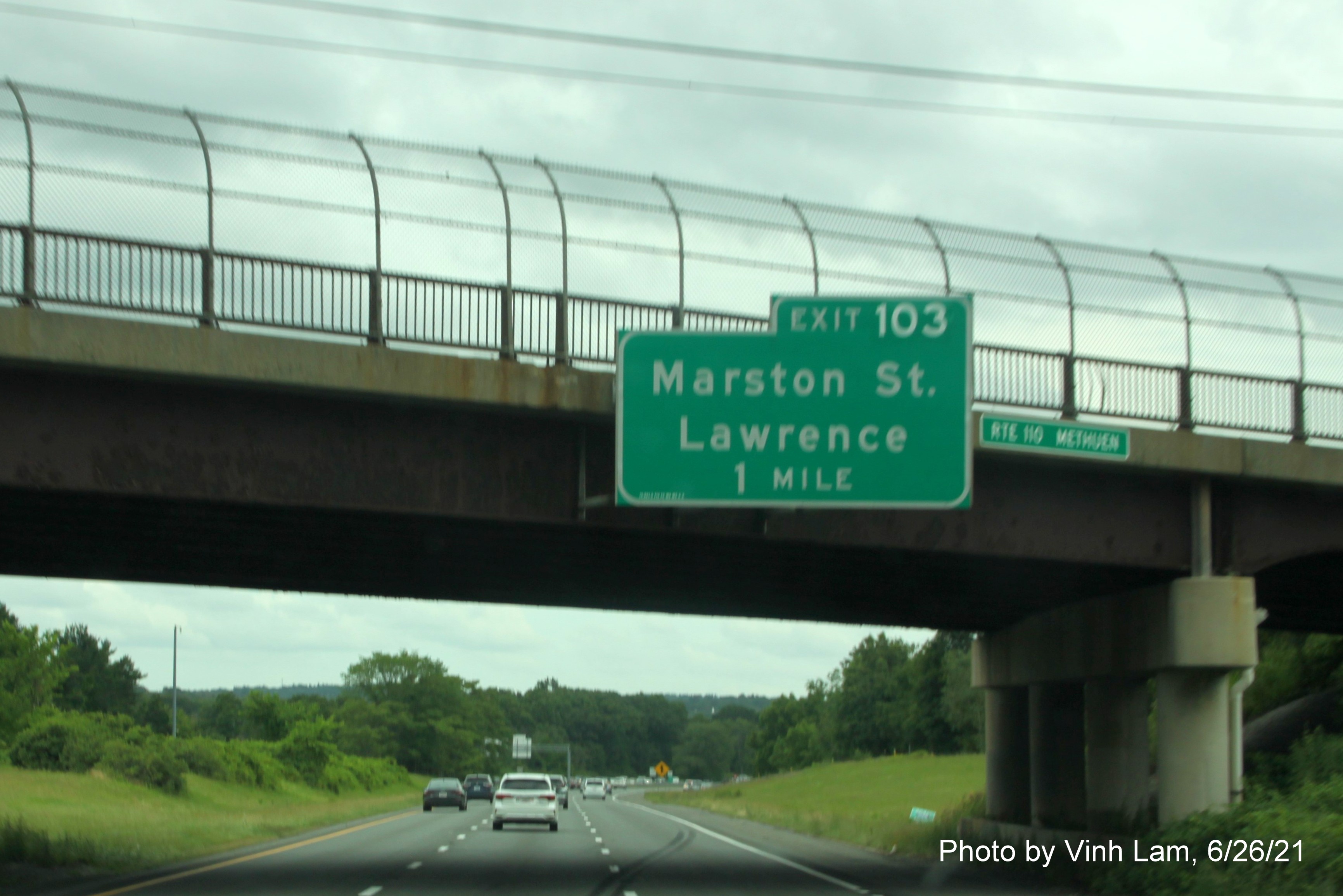 Image of 1 mile advance overhead sign for Marston Street exit with new milepost based exit number on 
                                             I-495 South in Methuen, photo by Vinh Lam, June 2021