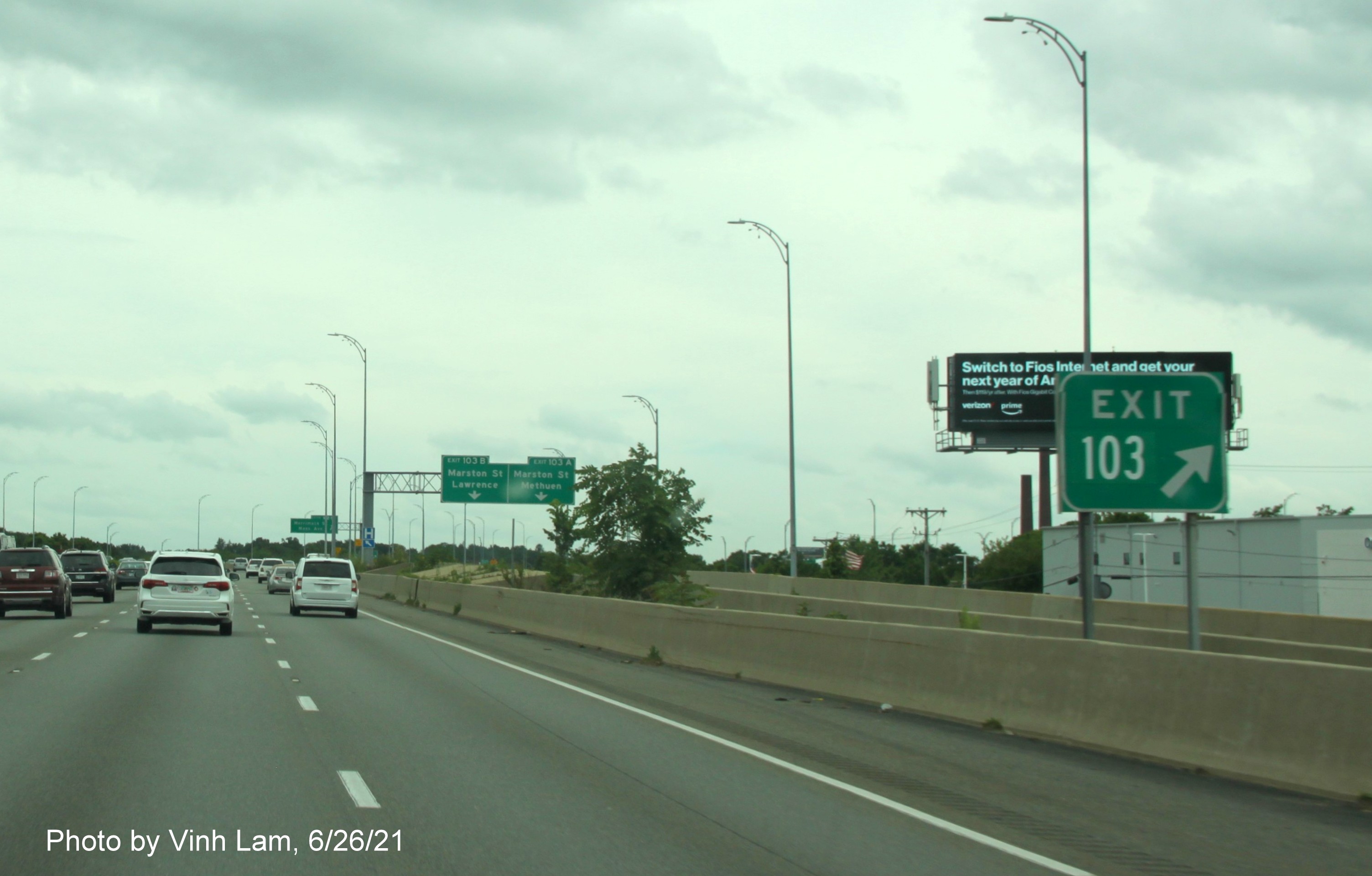 Image of gore sign for Marston Street exits with new milepost based exit number, but no Old Exit sign, on 
                                             I-495 South in Methuen, photo by Vinh Lam, June 2021