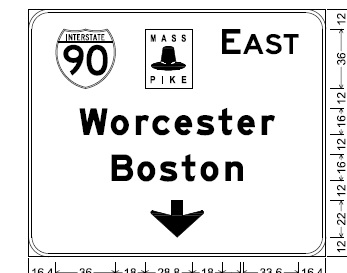 Plan for I-90 pull-through sign west of Worcester, from MassDOT
