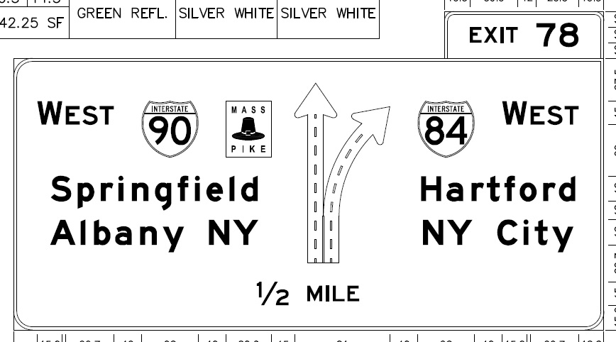 Plan for 1/2 mile advance exit sign for I-84 on Mass Pike west, from MassDOT