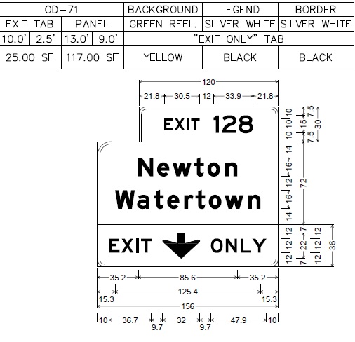 Sign plan for 1/2 mile advance sign for Newton/Watertown exit on I-90/Mass Pike West in Newton, from NCDOT