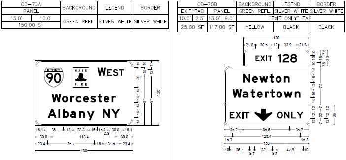 Image of signs to be placed at ramp to Newton/Watertown exit on I-90/Mass Pike West in Newton, from MassDOT