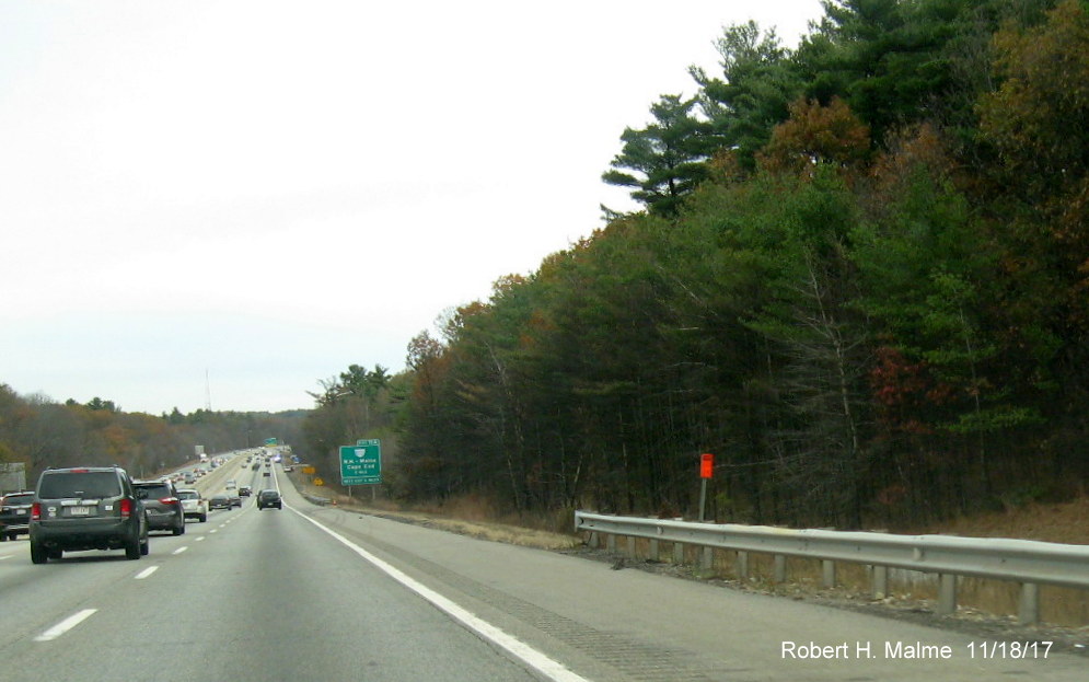 Image of recently installed foundation for future overhead 1-mile advance sign for I-495 exit on I-90 east in Westborough