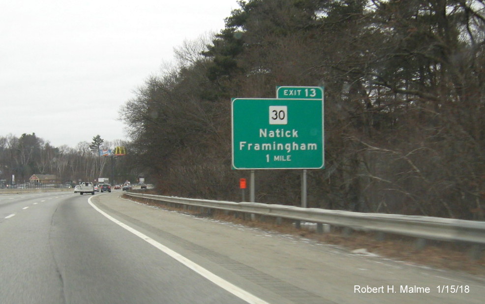Image of overhead sign foundation installed for future 1-Mile advance overhead sign for MA 30 exit on I-90 Mass Pike in Natick