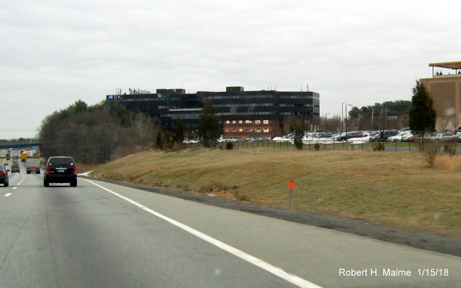 Image of contractor tag to mark place for future 1/2 mile advance overhead sign for MA 30 exit on I-90/Mass Pike East in Natick