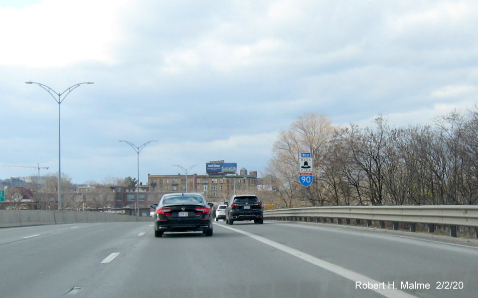 Image of new reassurance marker placed on I-90/Massachusetts Turnpike West after the Allston-Brighton exit
