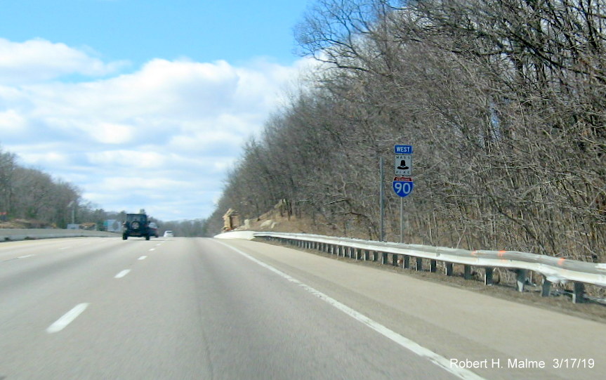 Image of new support post for future West I-90/Mass Pike reassurance marker following MA 9 interchange in Framingham