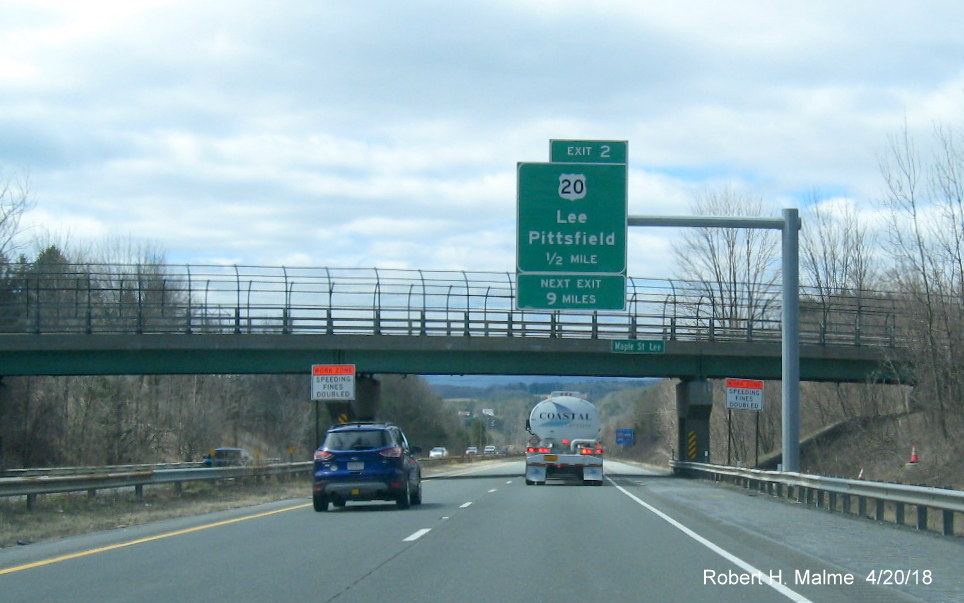 Image of 1/2 mile advance overhead sign for US 20 exit on I-90/Mass Pike west in Lee, put up in Fall 2017