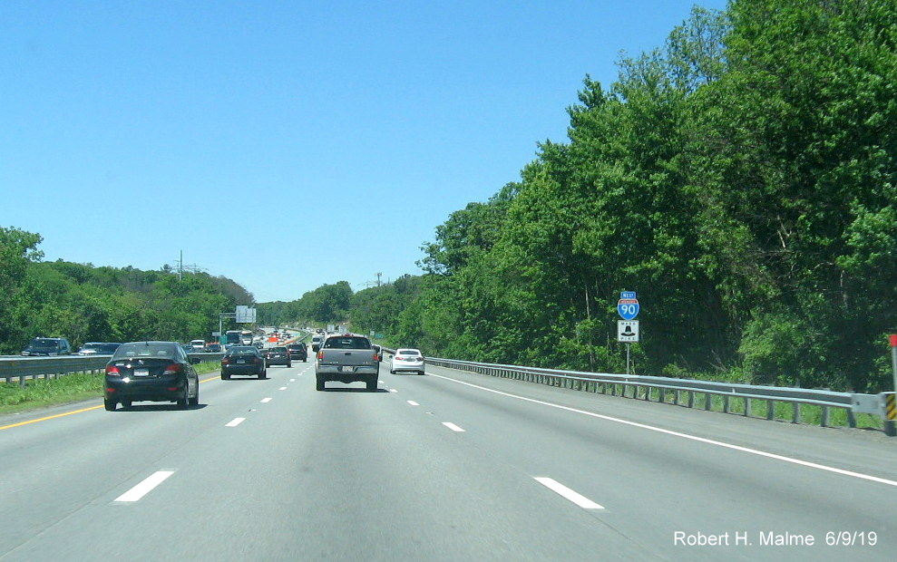 Image of newly placed West I-90/Mass Pike reassurance marker after MA 146/US 20 exit in Millbury in June 2019