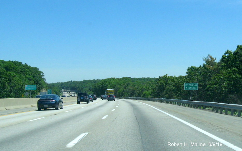 Image of recently placed jurisdictional boundary sign for Westboro(ugh) on I-90/Mass Pike East