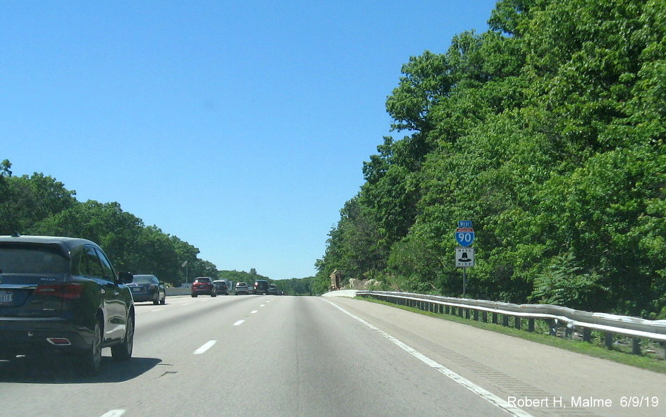 Image of recently placed West I-90/Mass Pike reassurance marker after MA 9 exit in Framingham in June 2019