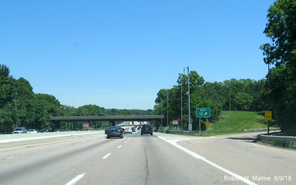 Image of wide gore sign to hold future 3-digit milepost base number for MA 9 exit on I-90/Mass Pike East in Framingham