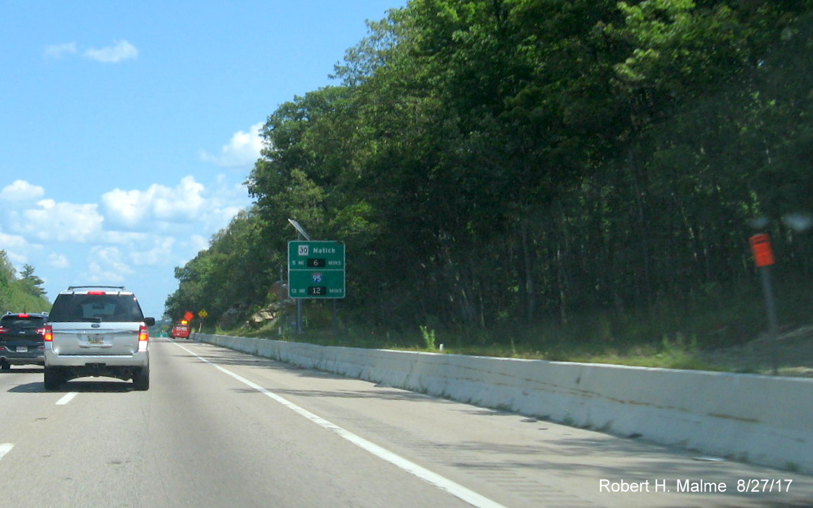 Image taken of newly placed contractor overhead sign placement tag for 1/2 mile advance sign for MA 9 exit on I-90 East in Framingham