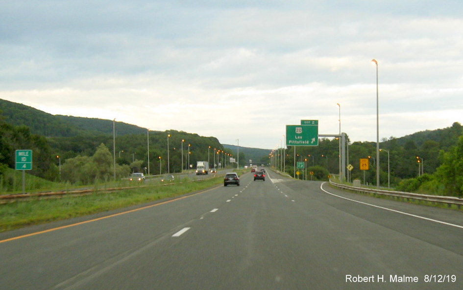 Image of recently placed overhead off-ramp sign for the US 20 exit on I-90/Mass Pike East in Lee in Aug. 2019