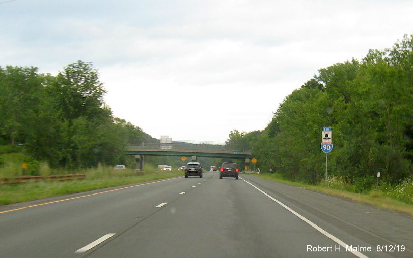 Image of recently placed wrong ordered East I-90/Mass Pike reassurance marker (no longer follows order on pull through signs) after US 20 exit in Lee