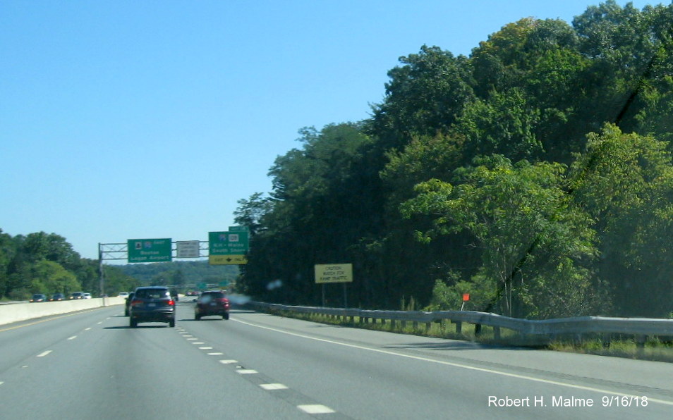 Image of contractor tag indicating place for future overhead sign on I-9/Mass Pike East in Weston