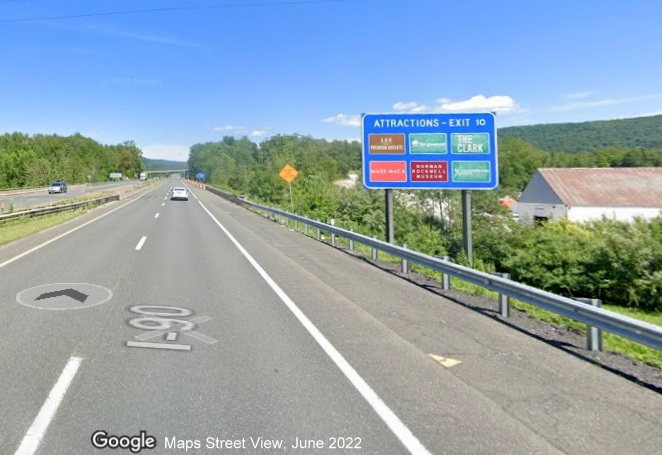Image of auxiliary sign for US 20 exit with new milepost based exit number on I-90/Mass Pike East in Lee, Google Maps Street View image, June 2022