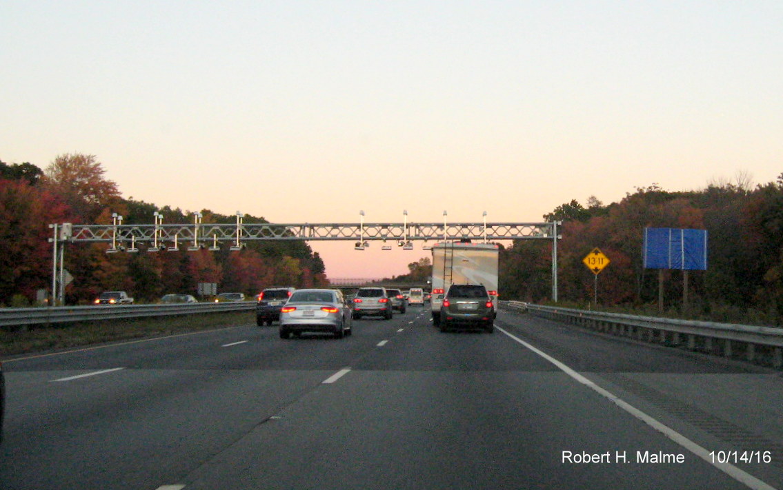 Image of new gantry information sign, covered prior to all electronic toll activation along I-90 East near Sturbridge