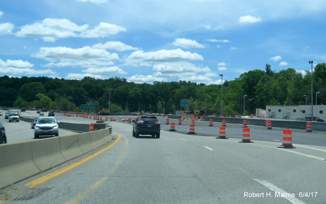 Image of traffic in former toll plaza area taking ramp to I-495 from I-90 Mass Pike in Westborough