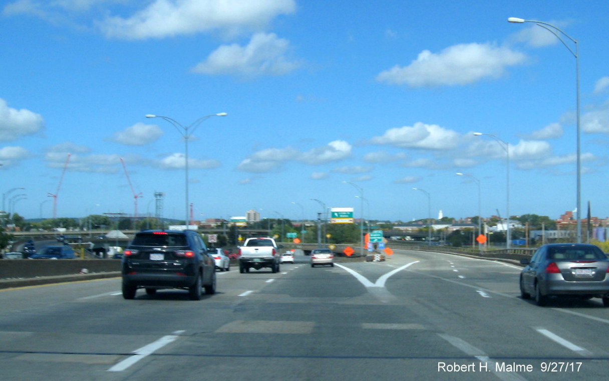 Image of traffic on I-90/Mass Pike East approaching site of former Allston-Brighton toll plaza