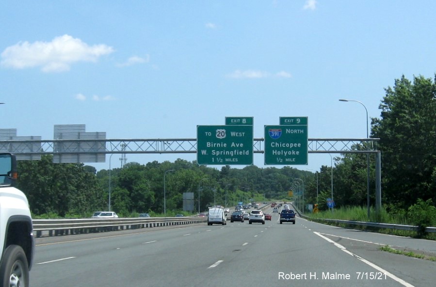 Image of 1 1/2 Miles advance sign for Birnie Avenue exit with new milepost based exit number on I-91 South
                                         in West Springfield, July 2021