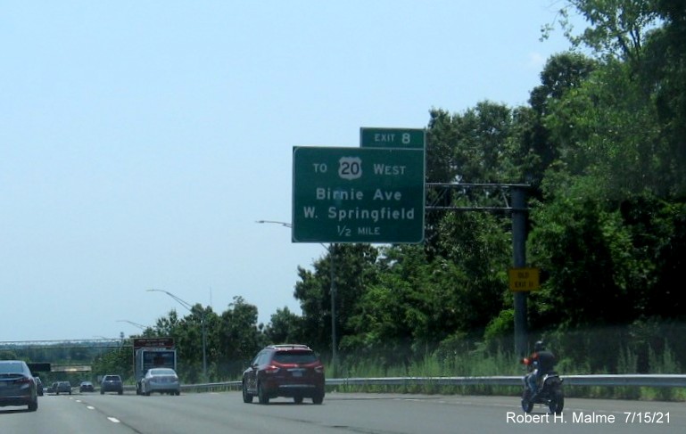 Image of 1/2 Mile advance sign for Birnie Avenue exit with new milepost based exit number on I-91 South 
                                         in West Springfield, July 2021