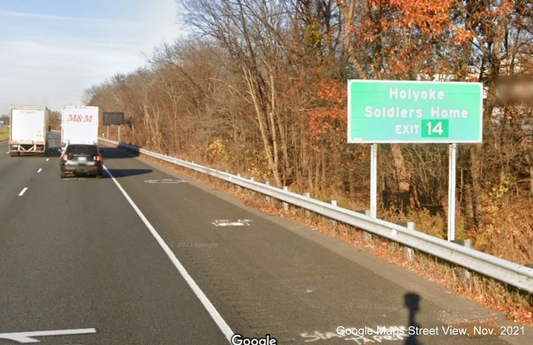 Image of auxiliary sign for US 202 exit with new milepost based exit number on I-91 North in Holyoke, Google Maps Street View image, November 2021